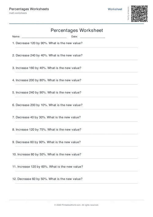 Free printable percentages worksheet — Percent change — PDF download