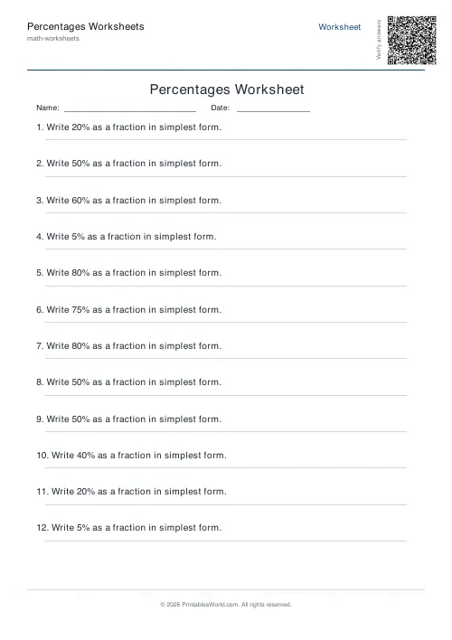 Free printable percentages worksheet — Percent to fraction — PDF download