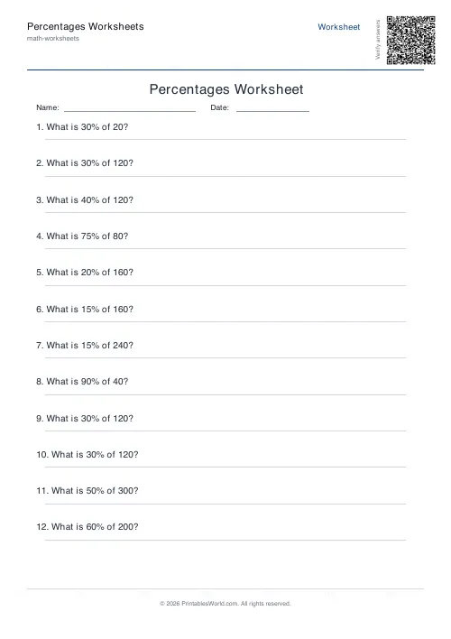 Free printable percentages worksheet — Percent of amount, with answer key — PDF download