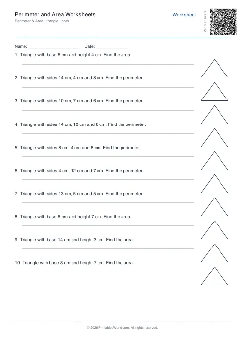 Free printable perimeter and area worksheet — Triangle, with answer key — PDF download