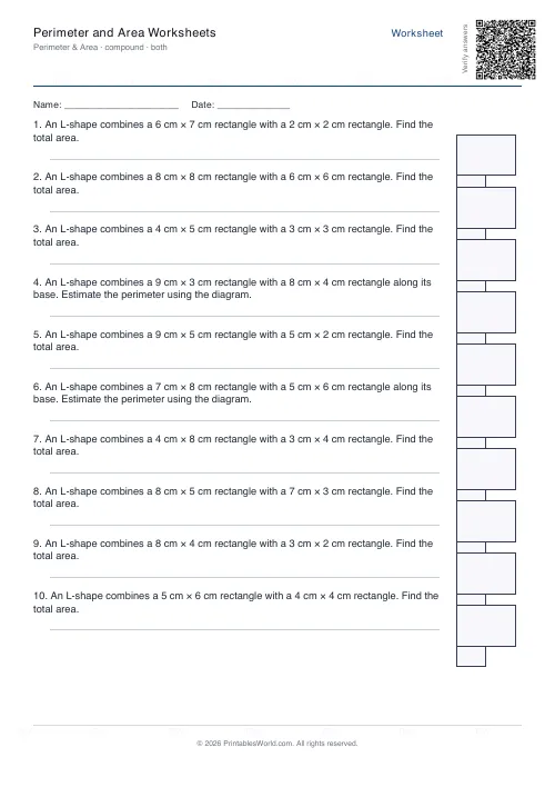 Free printable perimeter and area worksheet — Compound (L-shape), with answer key — PDF download