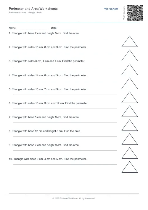 Free printable perimeter and area worksheet — Triangle — PDF download