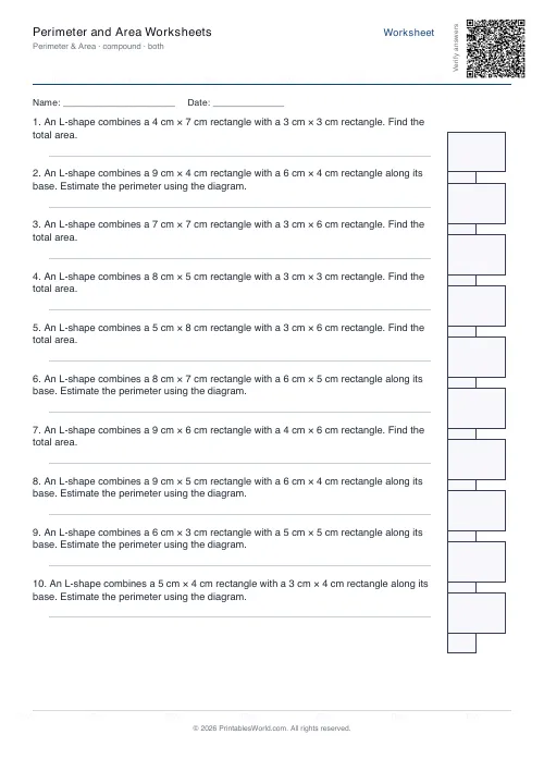 Free printable perimeter and area worksheet — Compound (L-shape) — PDF download
