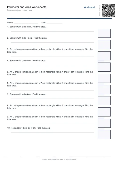 Free printable perimeter and area worksheet — Area — PDF download