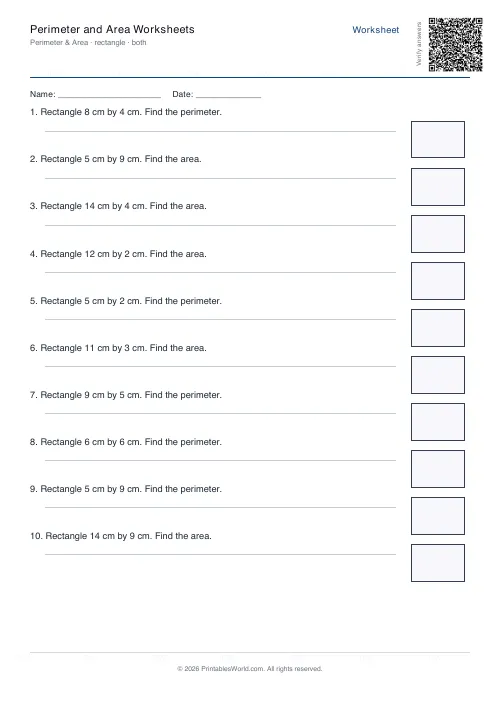 Free printable perimeter and area worksheet — Rectangle, with answer key — PDF download