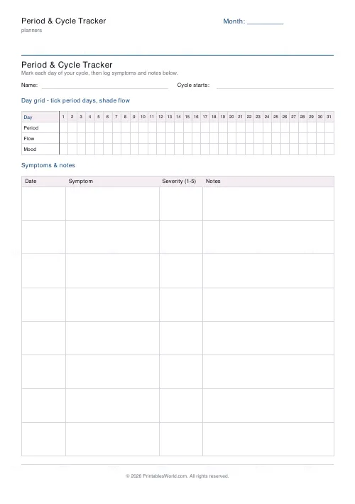 Free printable period cycle tracker (8 rows), PDF download