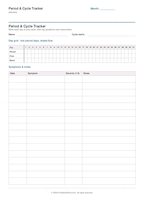 Free printable period cycle tracker (16 rows), PDF download