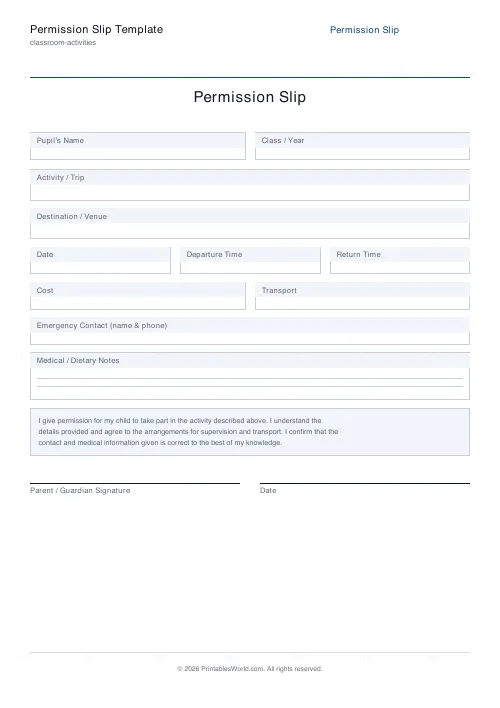 Free printable permission slip (Include), PDF download