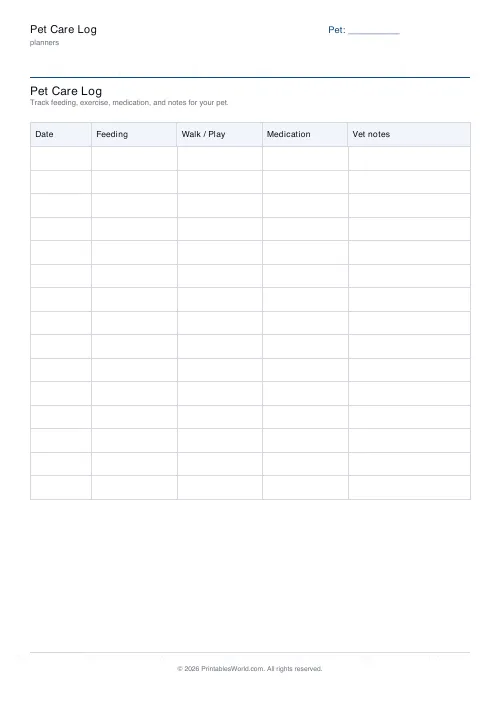 Free printable pet care log — 12 rows — PDF download