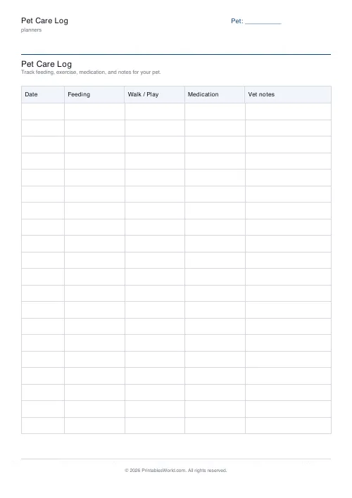 Free printable pet care log — 20 rows — PDF download