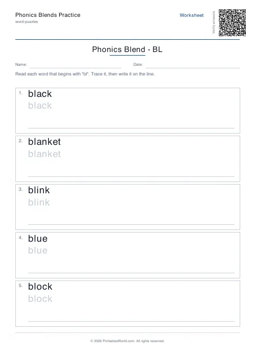 Free printable phonics blends practice (bl), PDF download