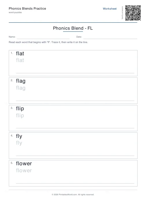 Free printable phonics blends practice (fl), PDF download