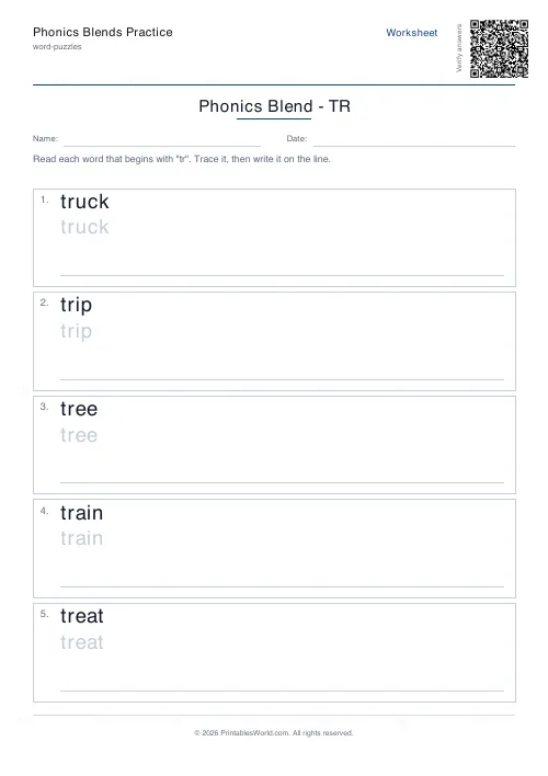 Free printable phonics blends practice (tr), PDF download