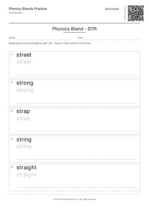 Free printable phonics blends practice (str), PDF download