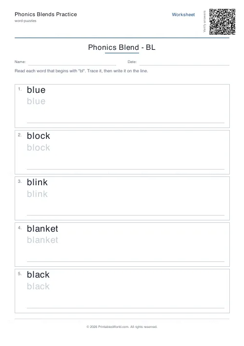 Free printable phonics blends practice (5 words), PDF download