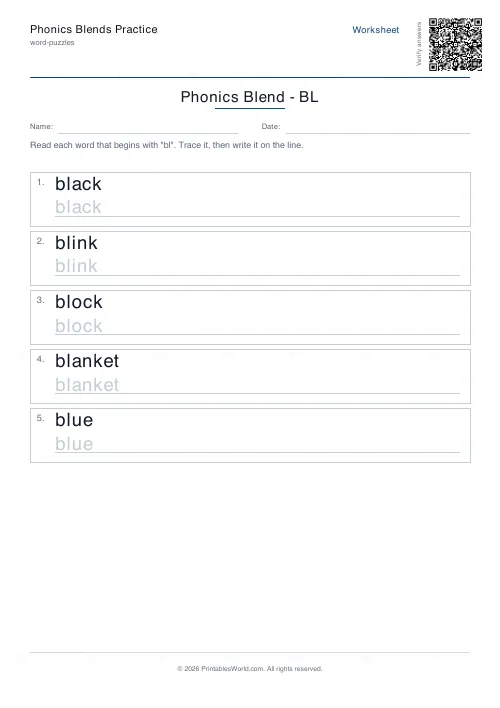 Free printable phonics blends practice (8 words), PDF download