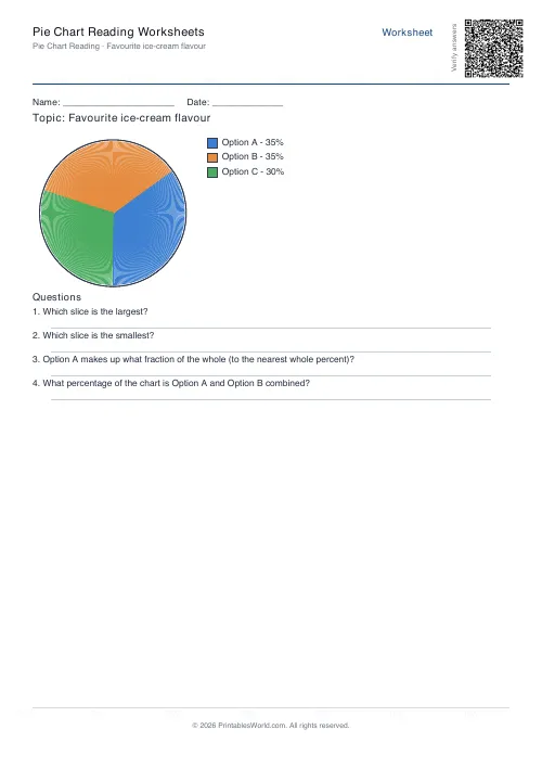 Free printable pie chart reading worksheet — 3 slices — PDF download