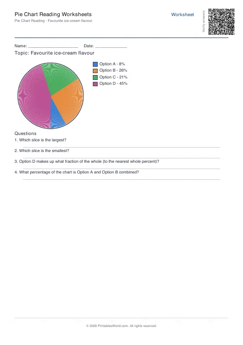Free printable pie chart reading worksheet — 4 slices — PDF download