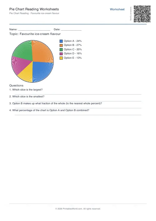 Free printable pie chart reading worksheet — 5 slices — PDF download