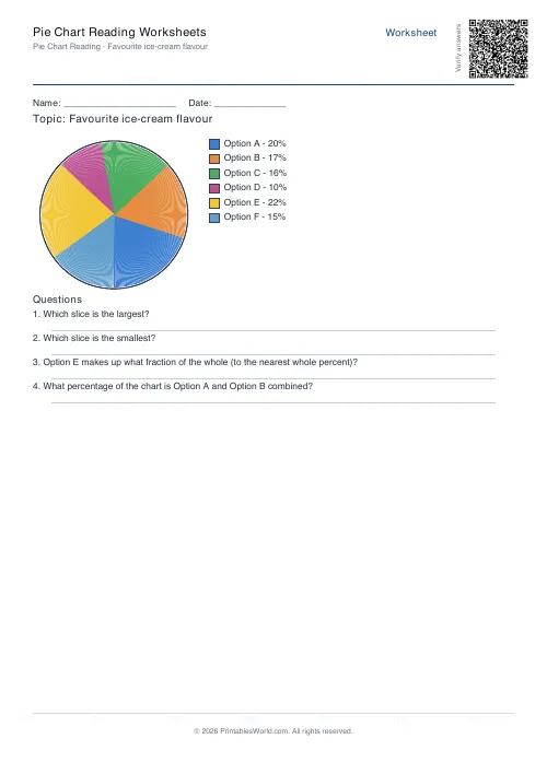 Free printable pie chart reading worksheet — 6 slices — PDF download