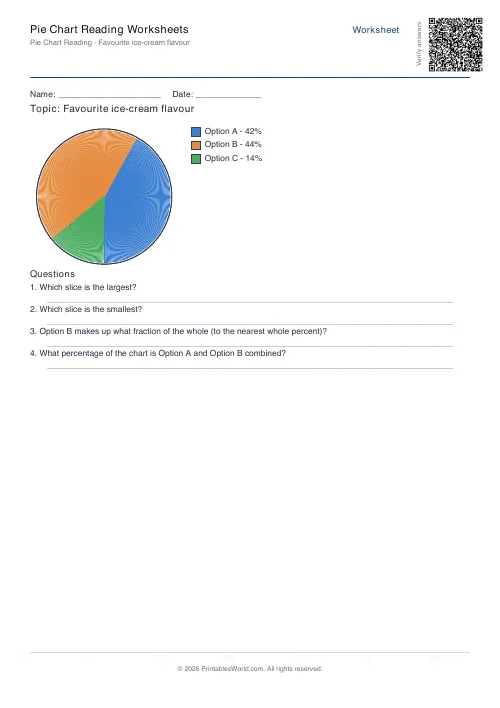 Free printable pie chart reading worksheet — 3 slices, with answer key — PDF download