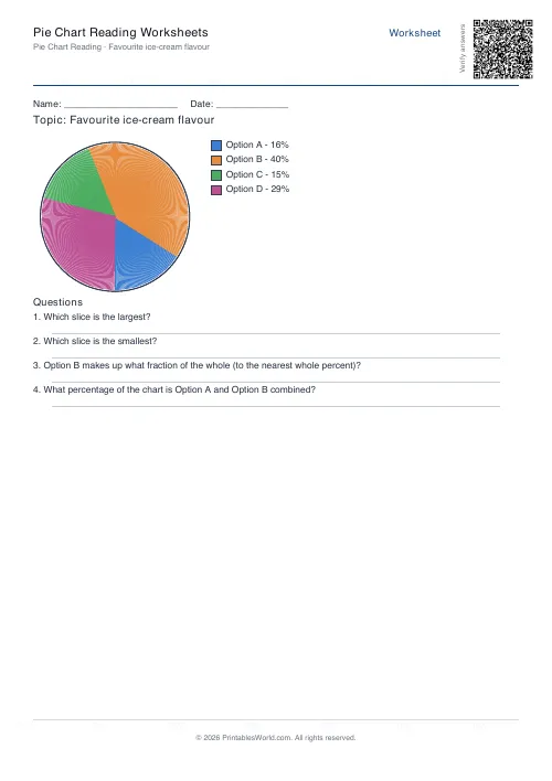 Free printable pie chart reading worksheet — 4 slices, with answer key — PDF download