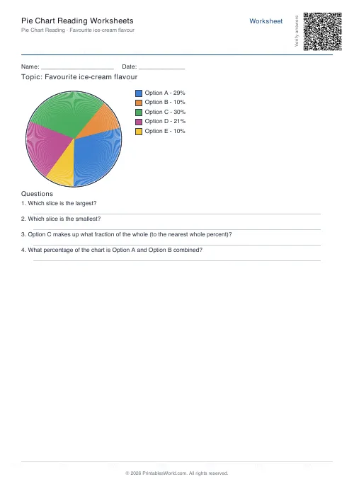 Free printable pie chart reading worksheet — 5 slices, with answer key — PDF download