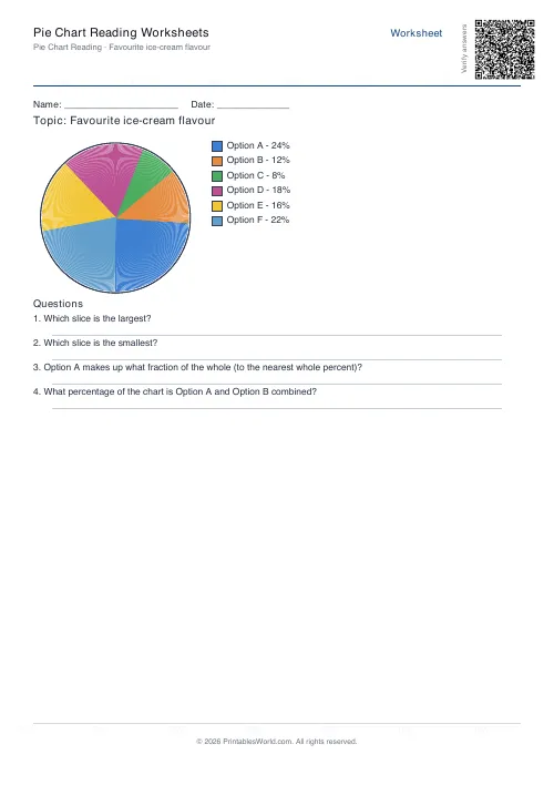 Free printable pie chart reading worksheet — 6 slices, with answer key — PDF download