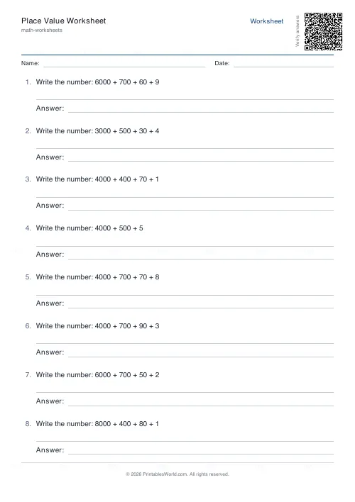 Free printable place value worksheet (Compose number, with answer key), PDF download