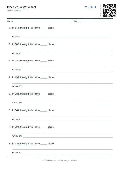 Free printable place value worksheet (3-digit, with answer key), PDF download