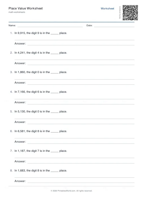 Free printable place value worksheet (4-digit, with answer key), PDF download