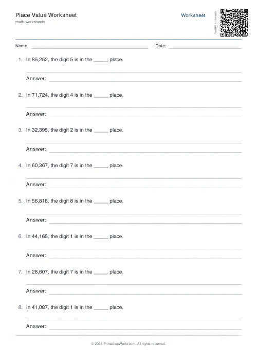 Free printable place value worksheet (5-digit, with answer key), PDF download