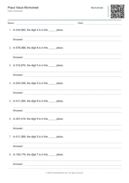 Free printable place value worksheet (6-digit, with answer key), PDF download