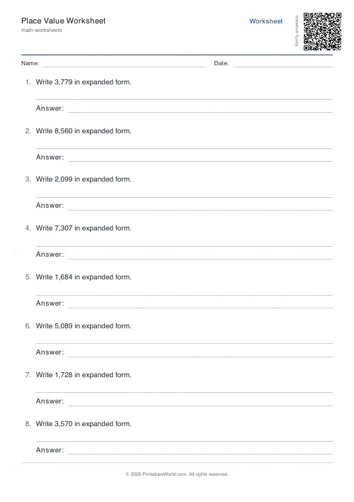Free printable place value worksheet (Expanded form), PDF download