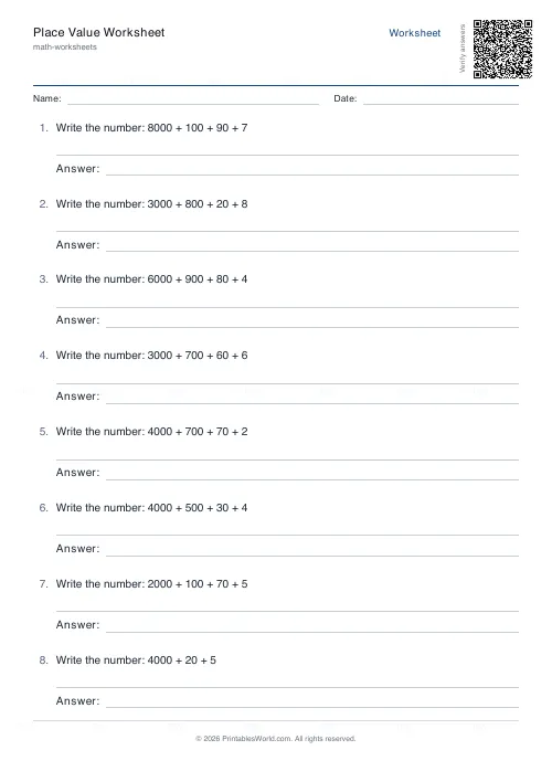 Free printable place value worksheet (Compose number), PDF download