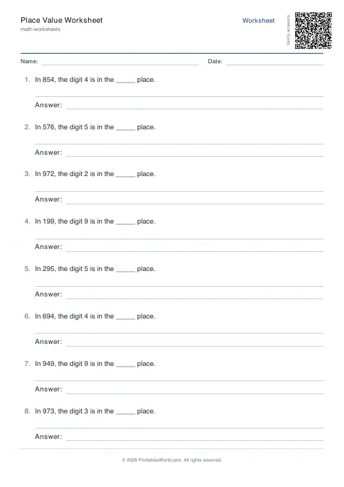 Free printable place value worksheet (3-digit), PDF download