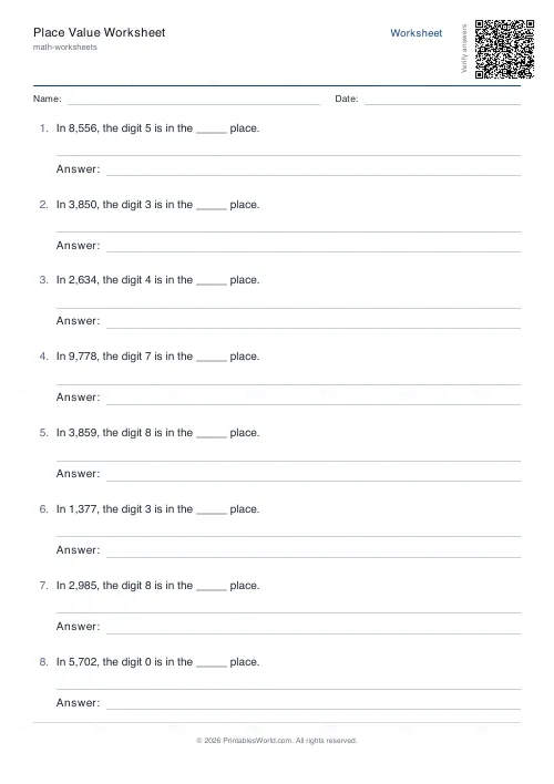 Free printable place value worksheet (4-digit), PDF download