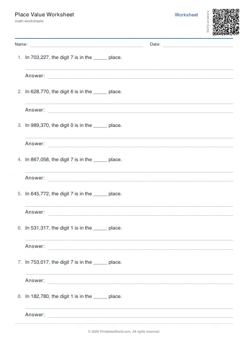 Free printable place value worksheet (6-digit), PDF download