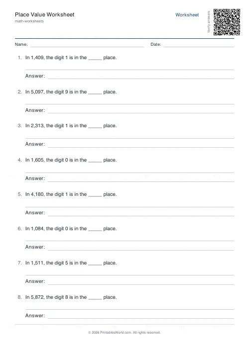 Free printable place value worksheet (Identify digit value, with answer key), PDF download