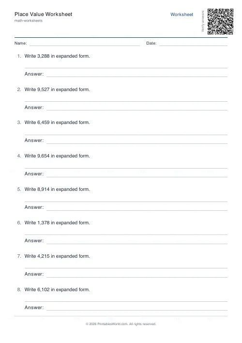 Free printable place value worksheet (Expanded form, with answer key), PDF download