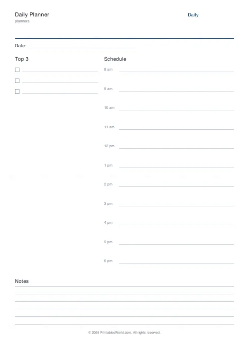 Free printable daily planner (Until 6pm), PDF download