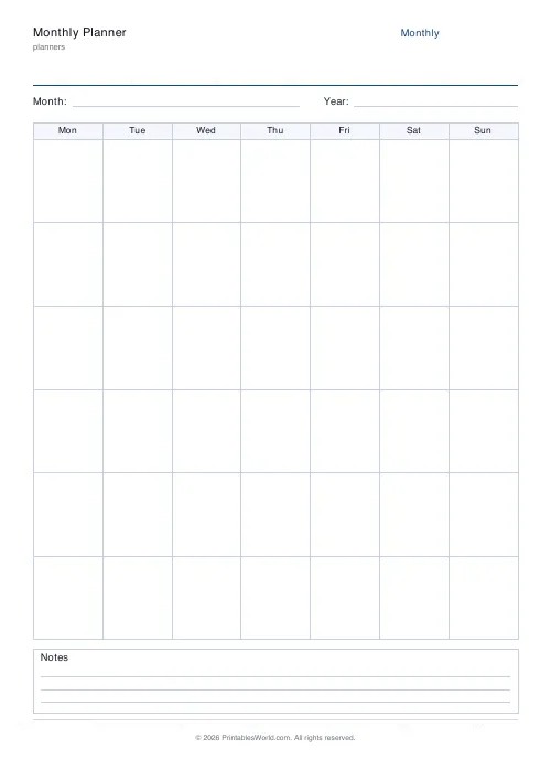 Free printable monthly planner — Monday start — PDF download