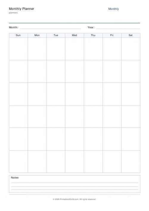 Free printable monthly planner — Sunday start — PDF download