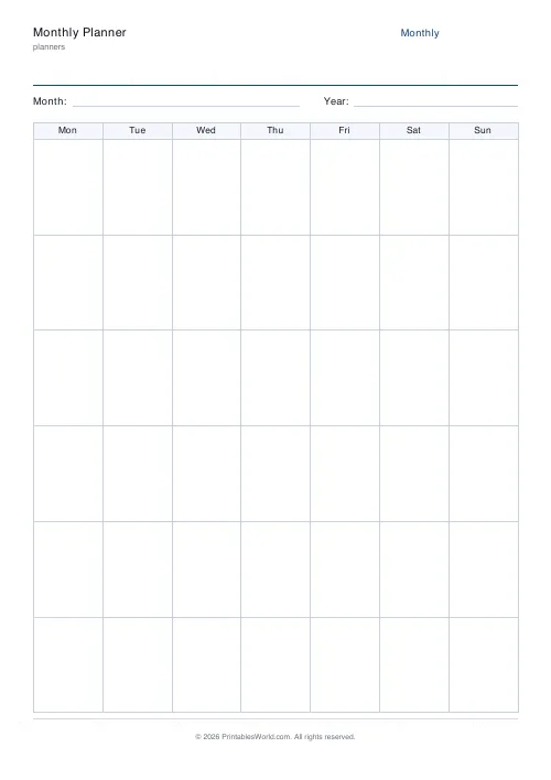 Free printable monthly planner — No notes footer — PDF download