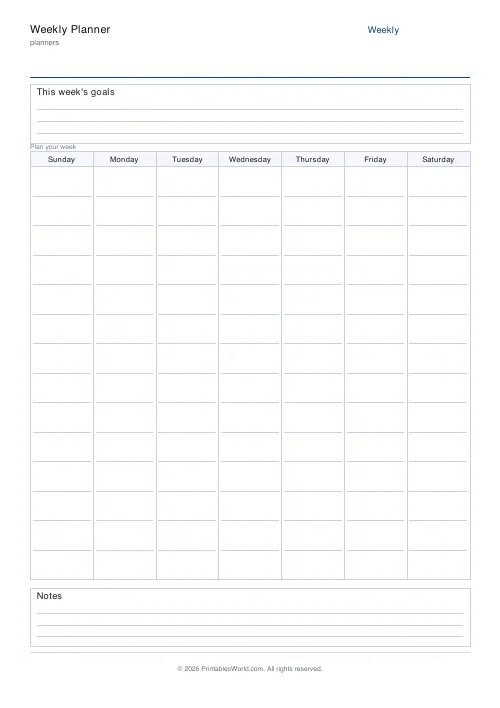 Free printable weekly planner (Sunday start), PDF download