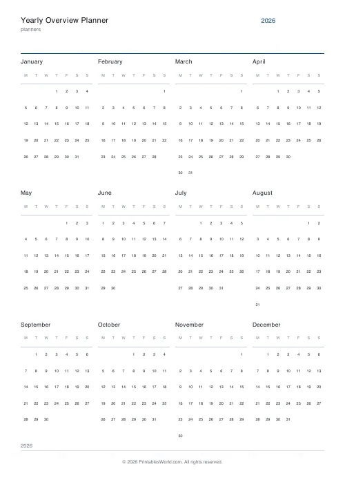 Free printable yearly overview planner — 2026 — PDF download