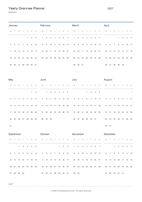 Free printable yearly overview planner — 2027 — PDF download