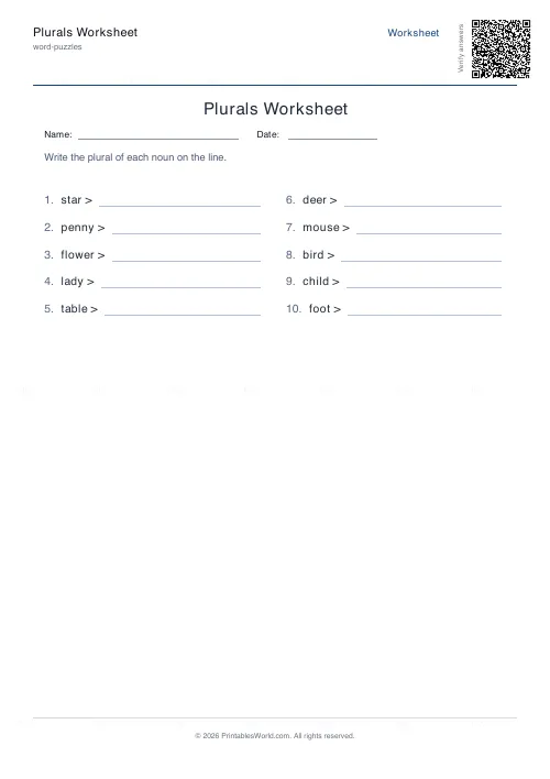 Free printable plurals worksheet (10 problems), PDF download