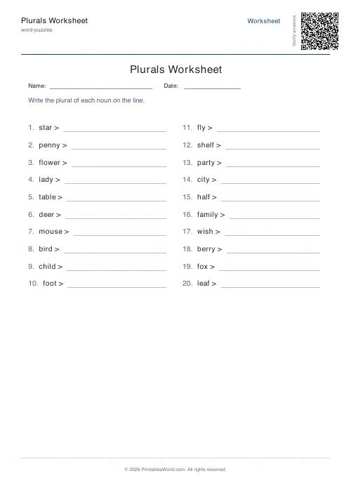 Free printable plurals worksheet (20 problems), PDF download
