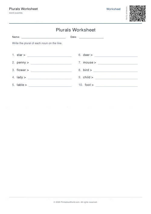 Free printable plurals worksheet (10 problems, with answer key), PDF download
